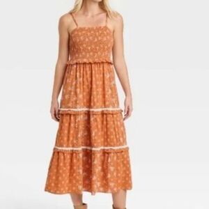 Universal Thread Sleeveless Boho Prairie Tiered Smocked Floral Midi Dress Med